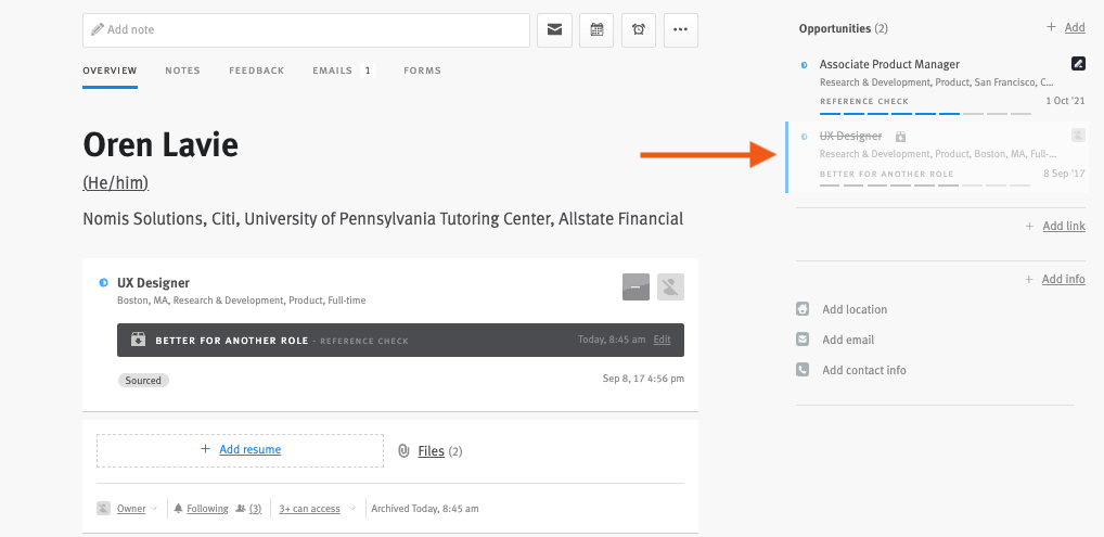 Candidate profile with arrow pointing to crossed out opportunity.