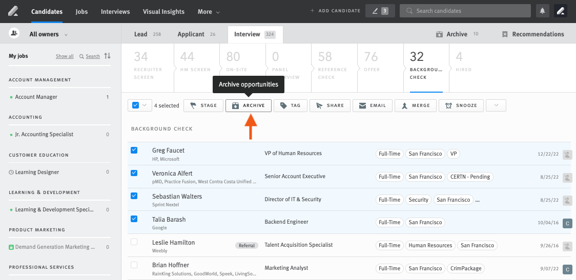 Application section of candidate pipeline. with four candidates checked off. Arrow points to Archive button above candidate list.
