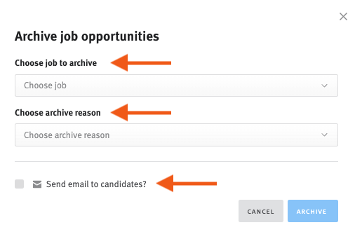 Archive job opportunities modal with archive reasons selected and send email to candidates checkbox ticked.