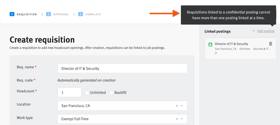 Lever create requisition editor with arrows pointing to info popout explaining that requisitions linked to a confidential posting cannot have more than one posting linked at at time.