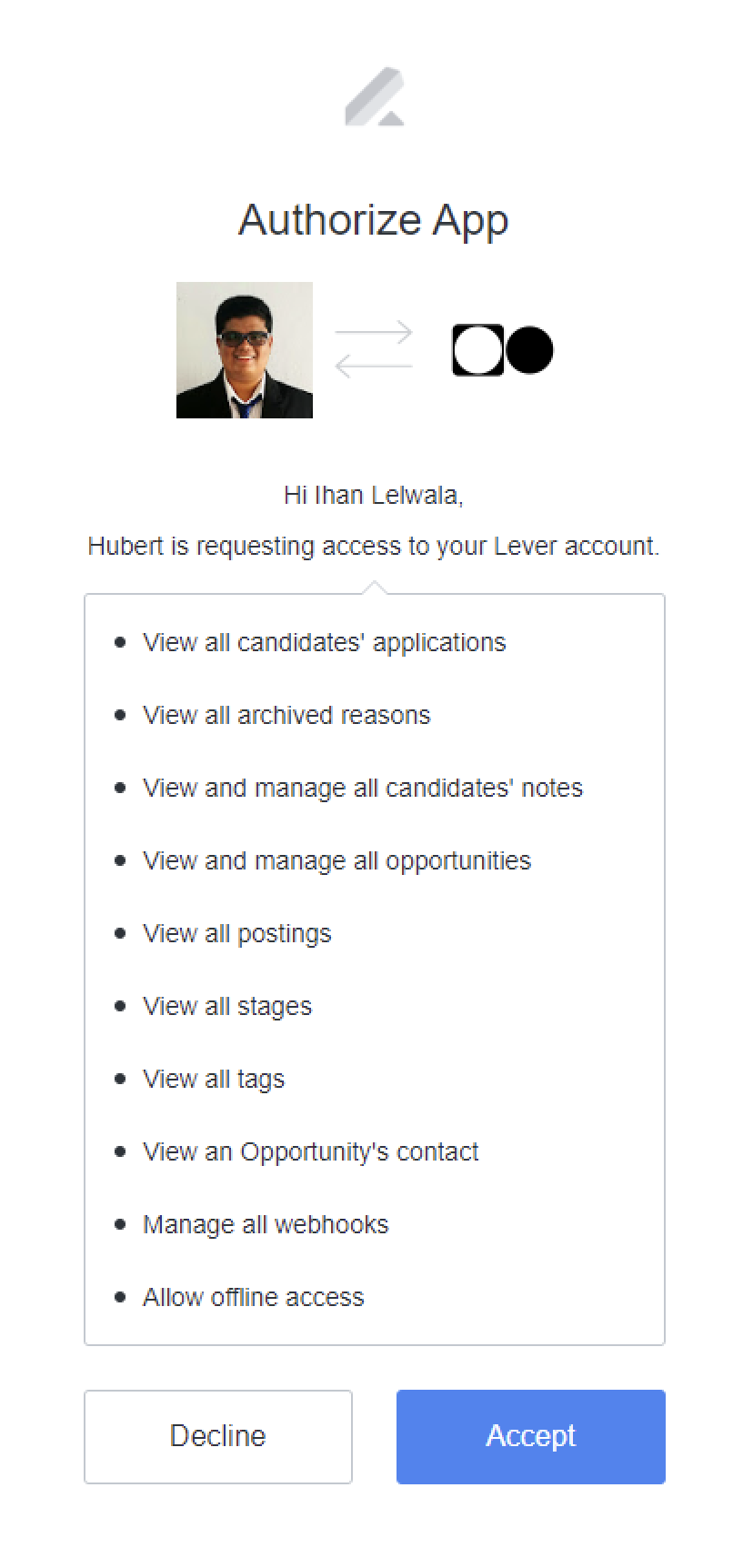 App authorization modal with list of requested permissions