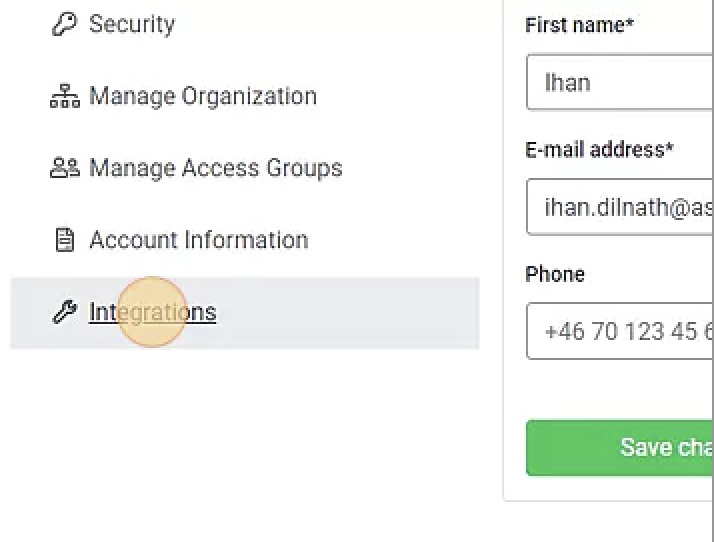 Integrations listing in Hubert navigation menu