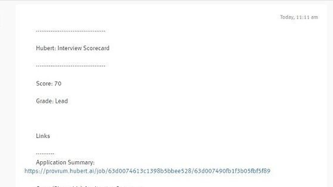 Hubert score and application link on candidate profile note in Lever