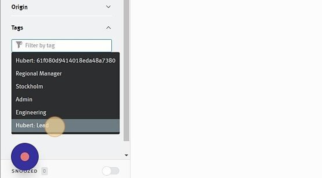 Close up of pipeline filter listed with Hubert lead tag highlighted on hover in Lever