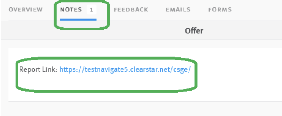 Report link outlined in Notes section of candidate's profile in Lever