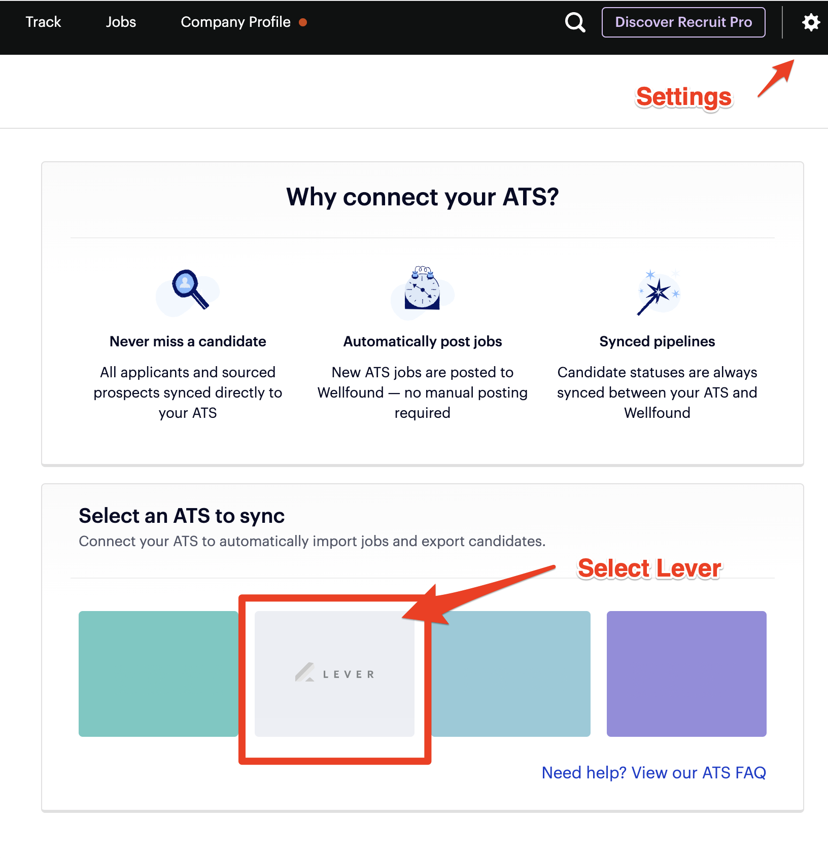 Image 1: Arrow pointing to Settings cog in Wellfound platform header; Image 2: Arrow pointing to Lever tile under 'Select and ATS to sync' heading