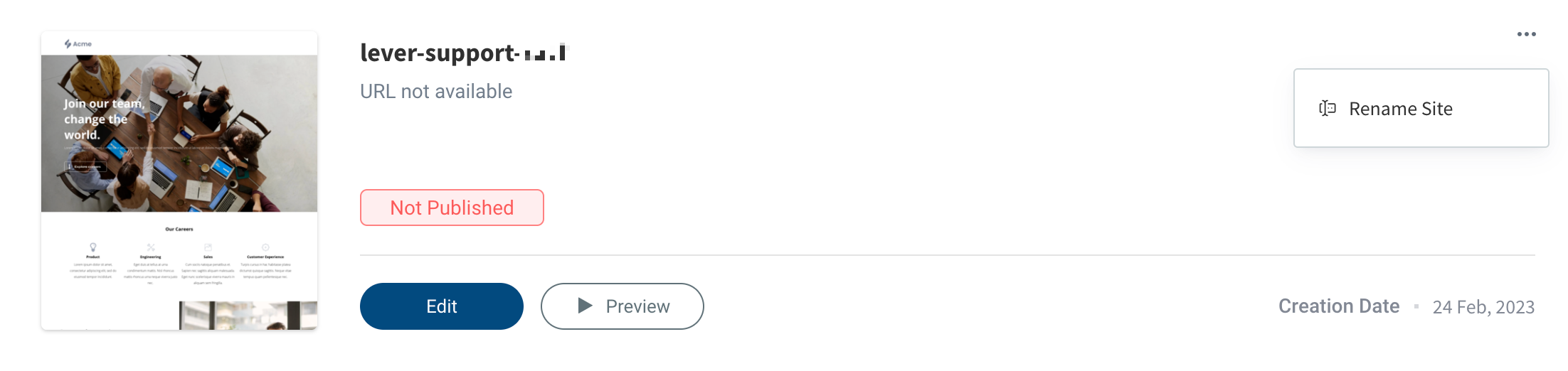 Site controls section of dashboard with Rename option extending from ellipses.