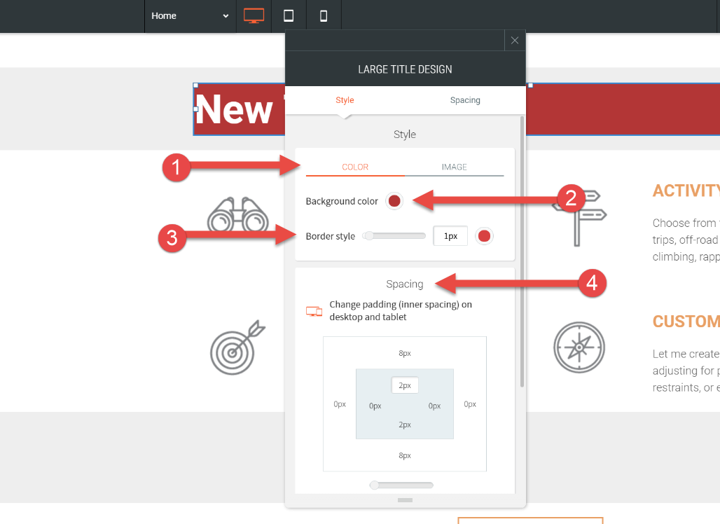 Popup options modal with arrows pointing to different options labelled 1 through 4.