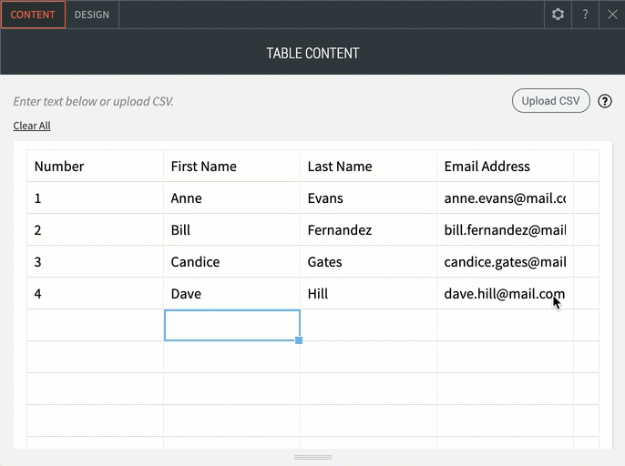Live image of data being added to a table through the content editor