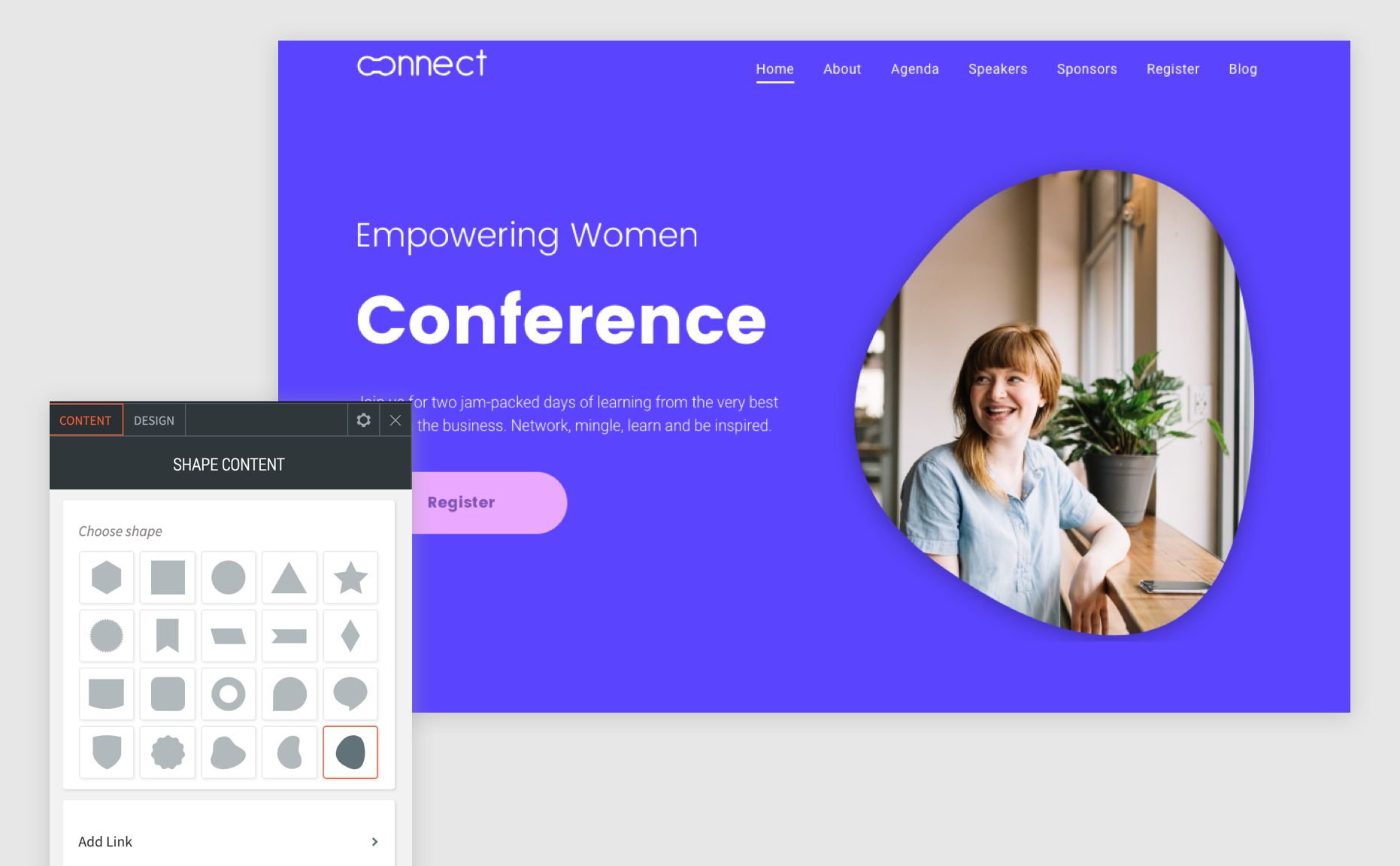 Example of a shape being used in the header of a custom site