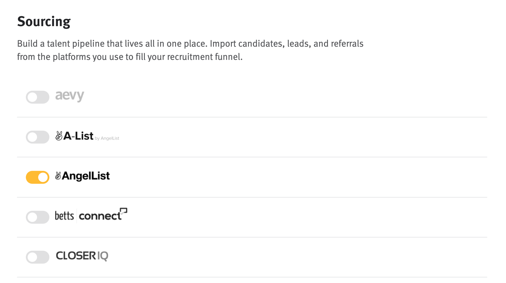 AngelList integration toggle in Lever Settings