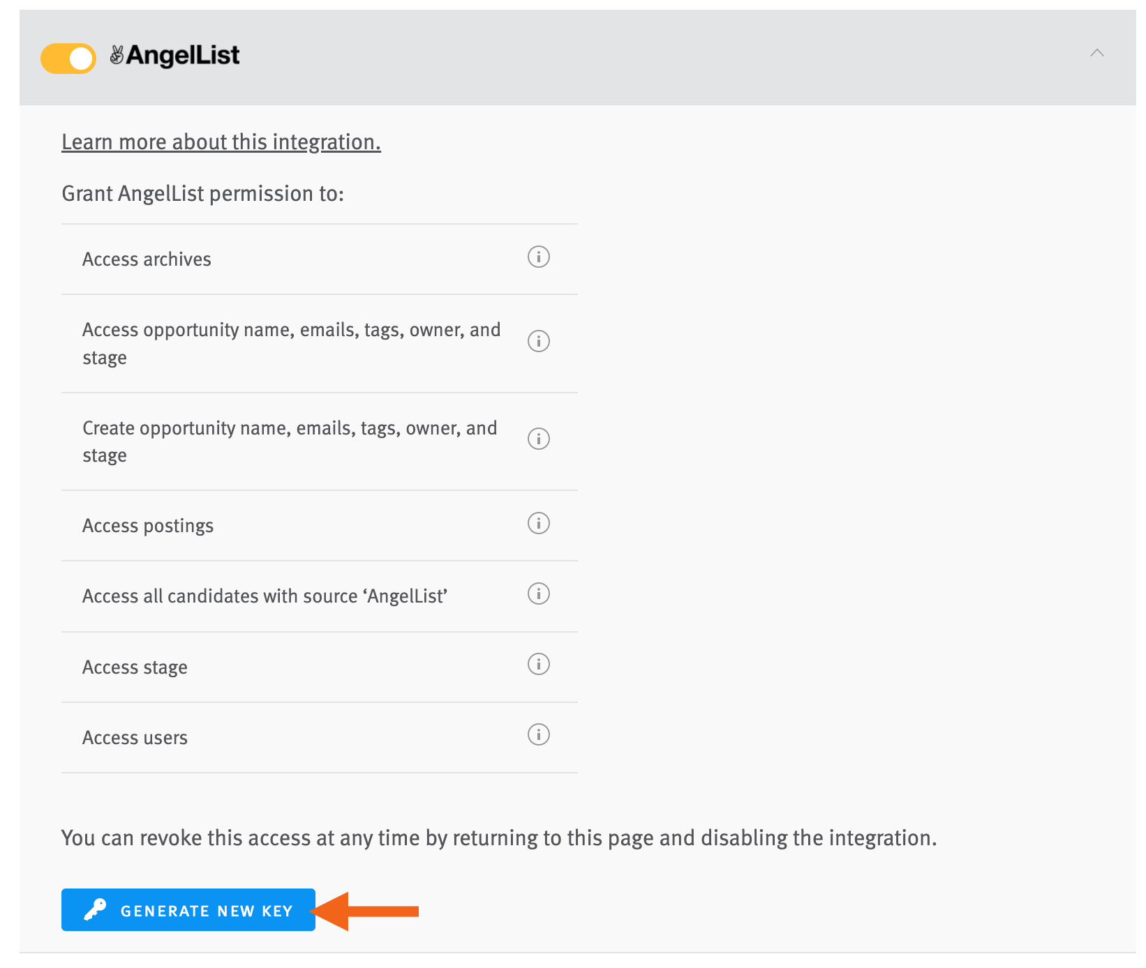 Expanded AngelList integration tile with arrow pointing to Generate key button.