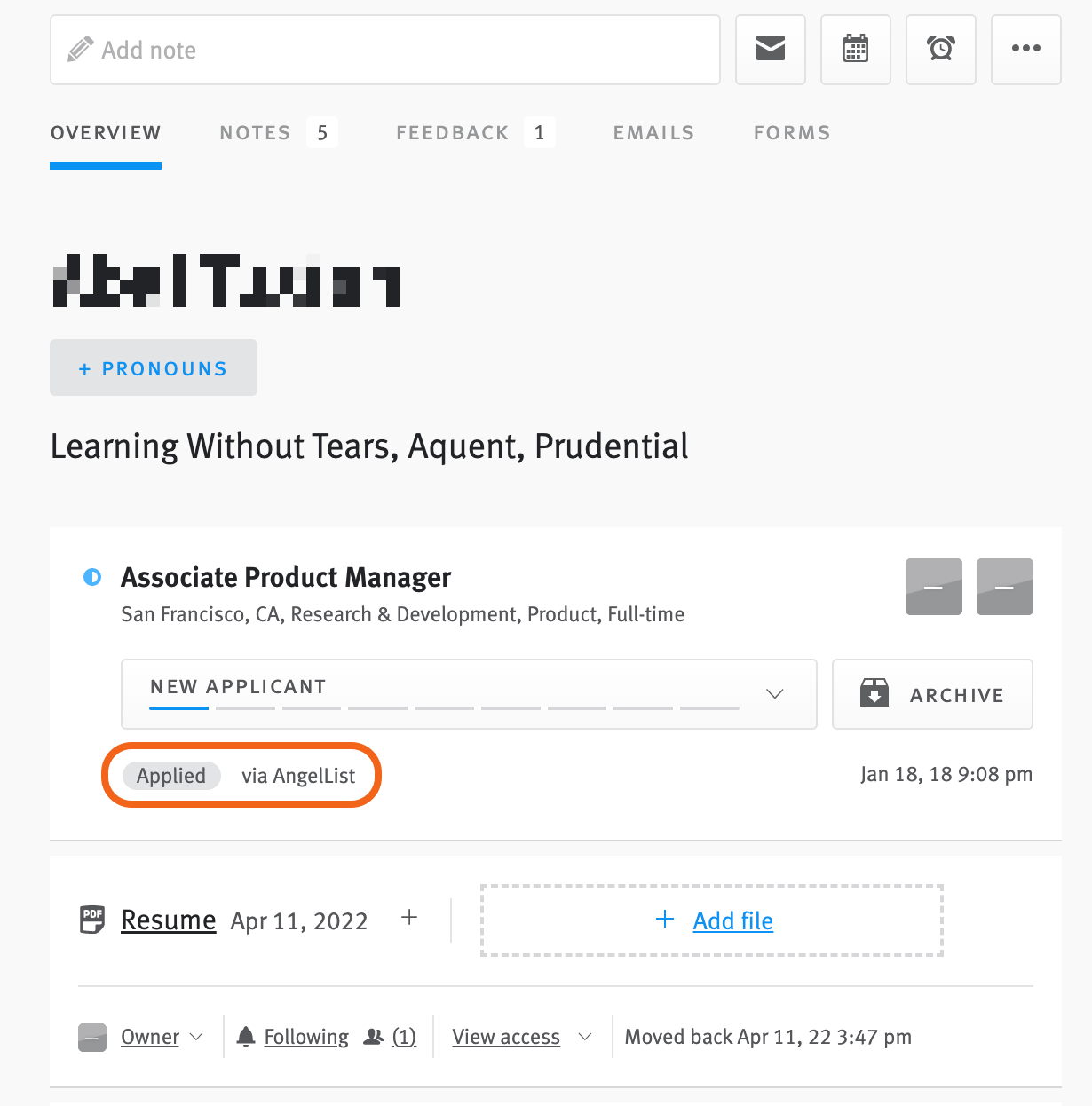 Close up of Lever candidate profile with Applied origin and AngelList source tag outlined.