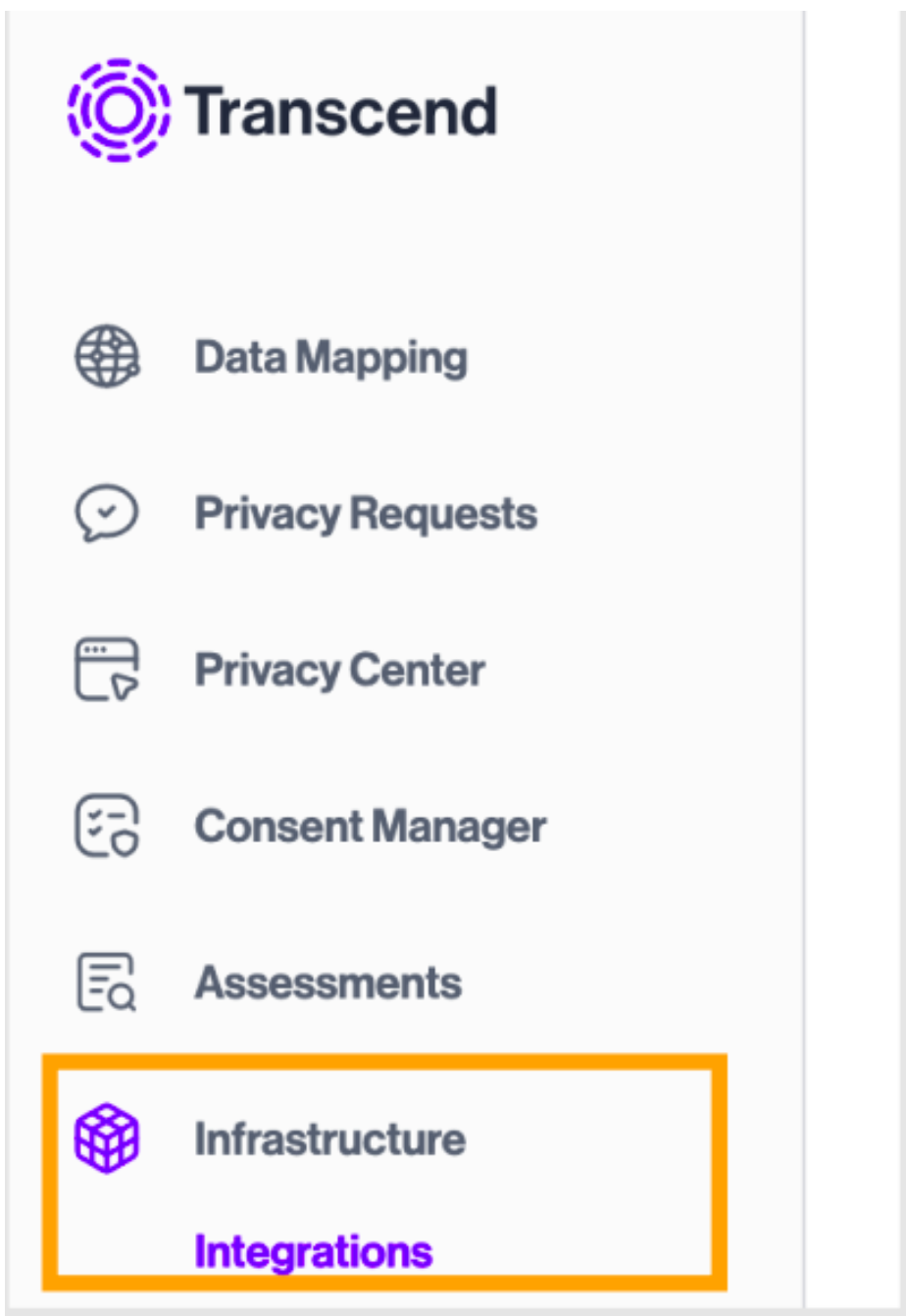 Transcend navigation column with Infrastructure > Integrations options outlined