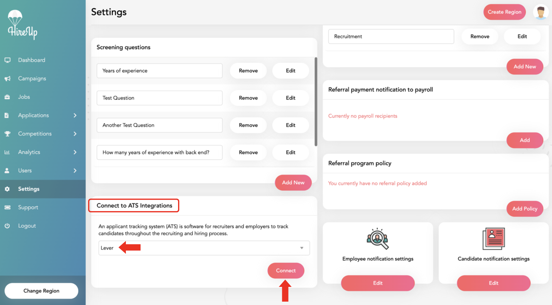 Arrow outlining Connect to ATS integration tile on HireUp company settings page; Lever is selected