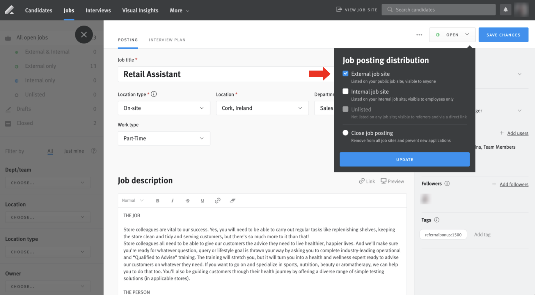 Job posting distribution menu on Lever posting with arrow pointing to external distribution option