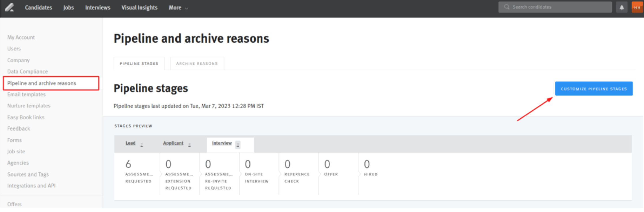 Pipeline and archive reasons settings page in Lever; arrow pointing to customize pipeline stages button