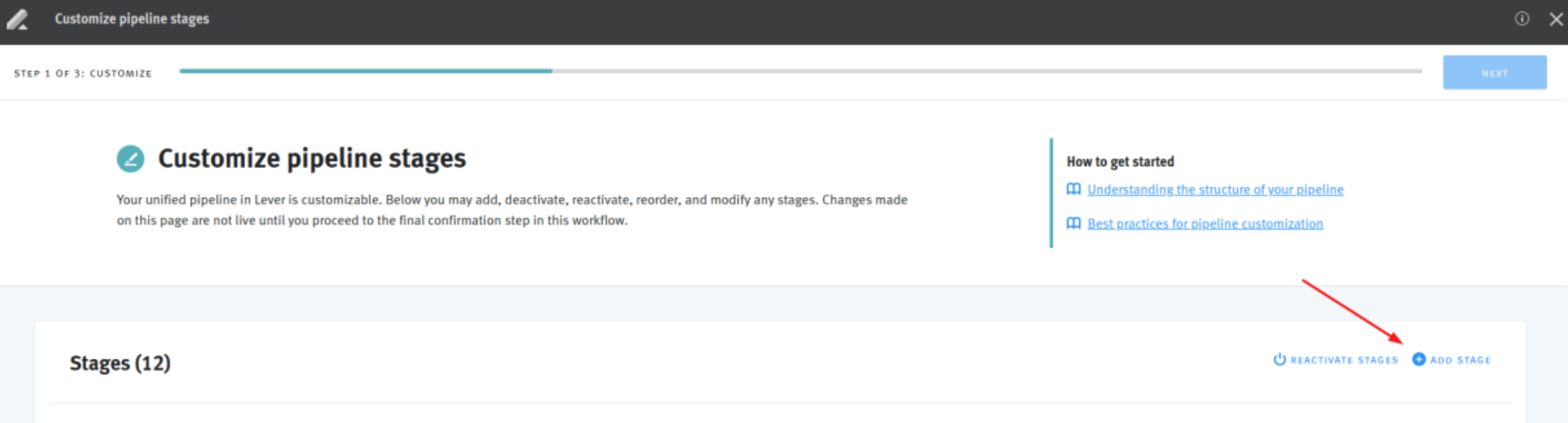 Arrow pointing to Add Stage button in pipeline stage editor
