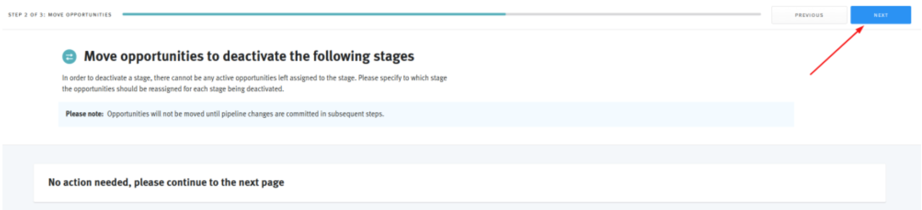 Arrow pointing to Next button on third page of pipeline customization workflow