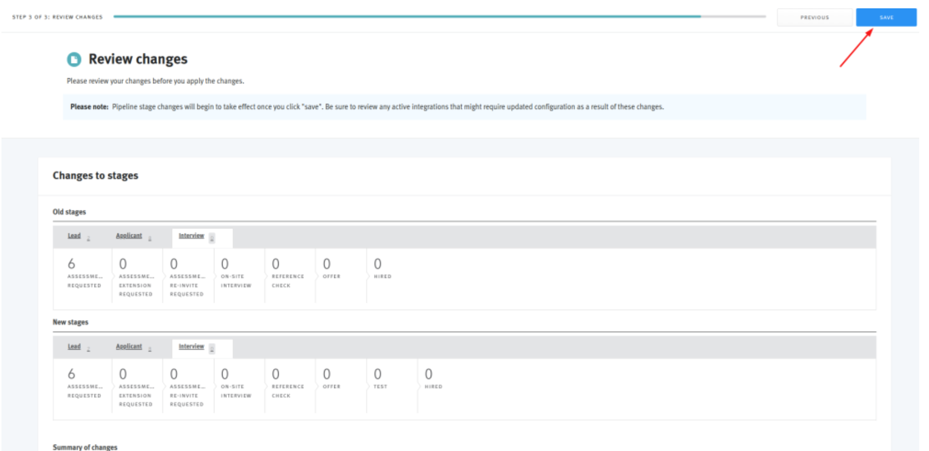 Arrow pointing to Save button on final page of pipeline customization workflow