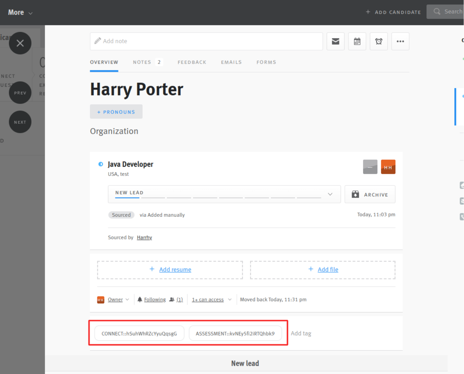 Glider tags outlined on candidate's opportunity profile in Lever, inherited from job posting