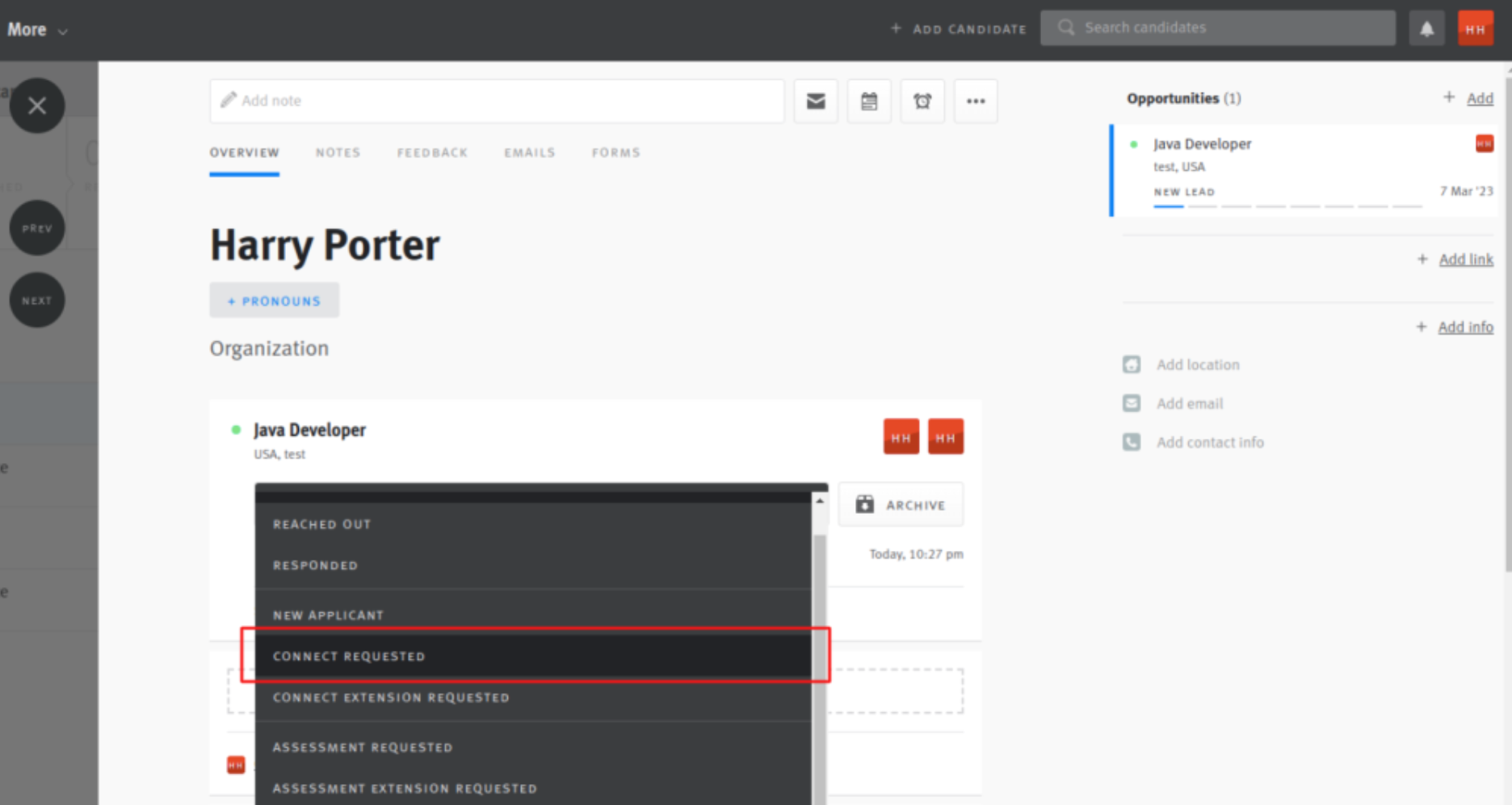 Stage menu expanded on candidate opportunity profile in Lever; Connect Requested stage outlined