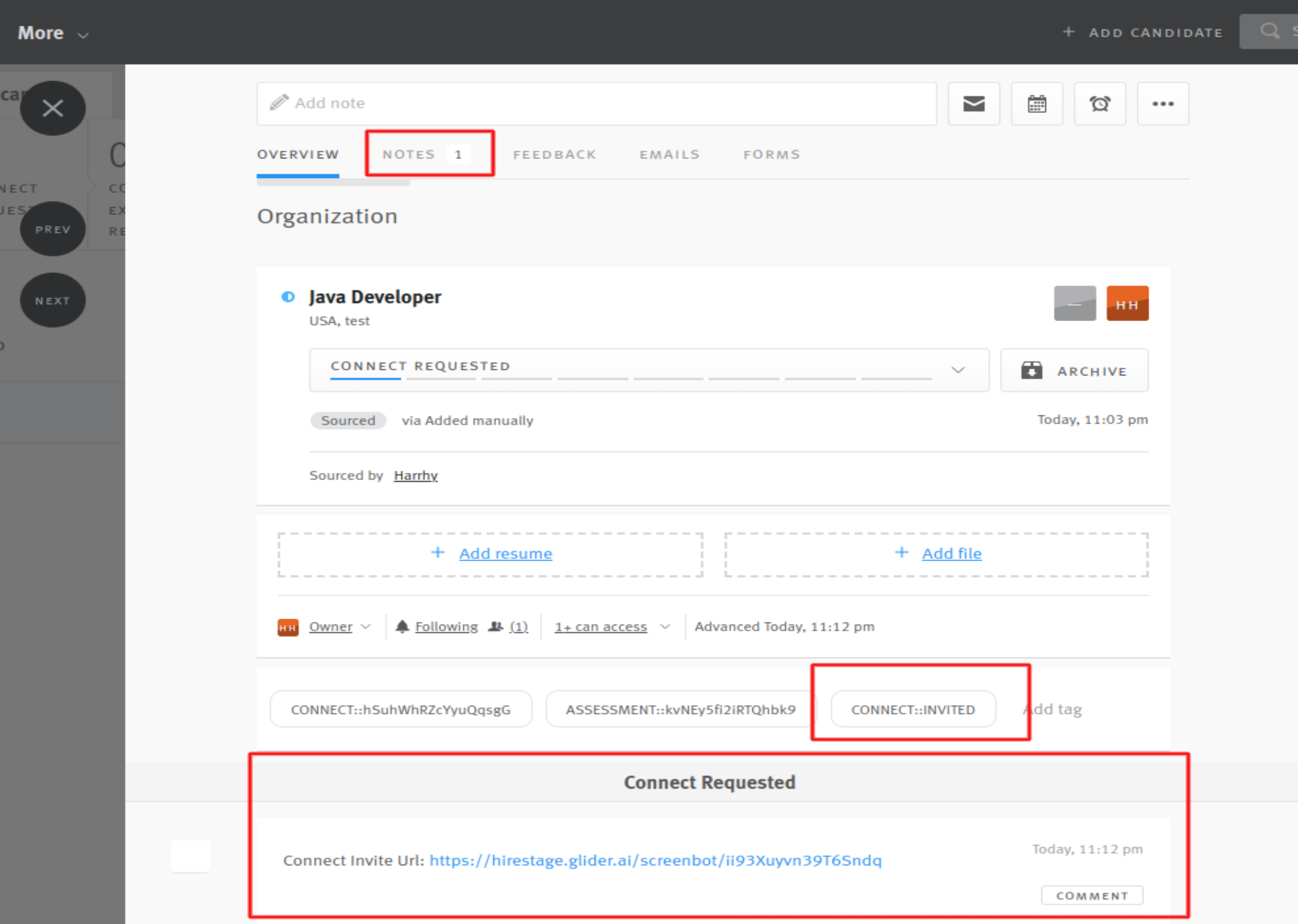 Notes tab, Connect:: INVITED tag, and Glider test invitation link outlined on candidate profile in Lever