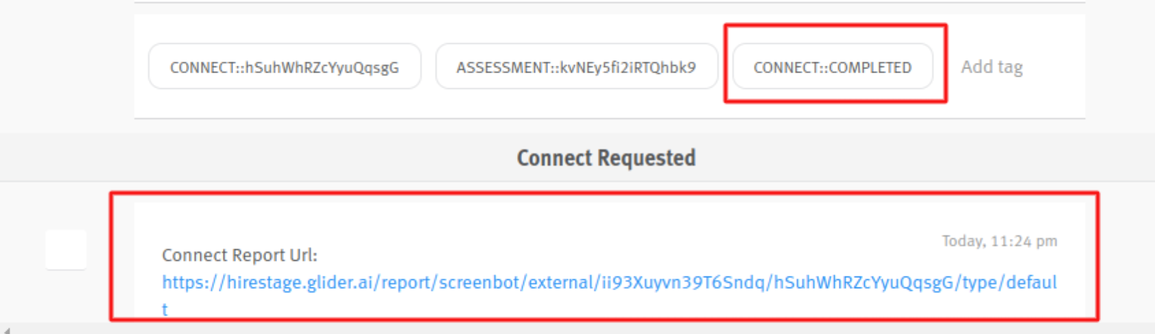 CONNECT::COMPLETED tag and Glider report URL outlined on candidate opportunity profile in Lever
