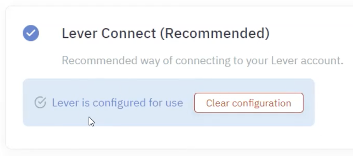 Configuration confirmation message on Lever Connect tile