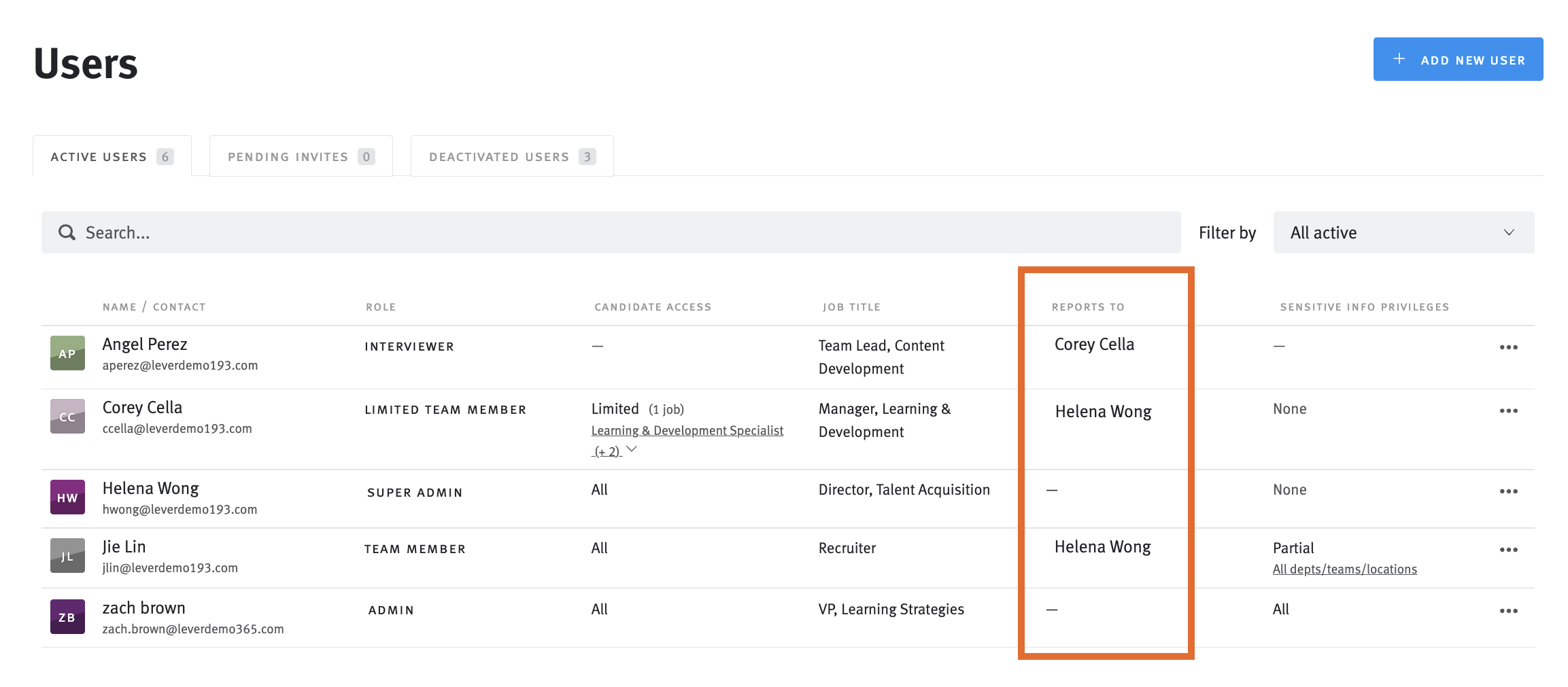 Lever users page with reports to column outlined.