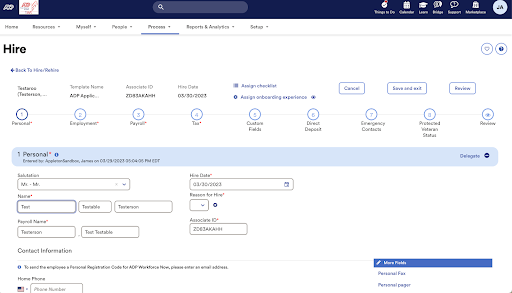 Expanded view of the onboarding record with candidate data information populated in the corresponding fields