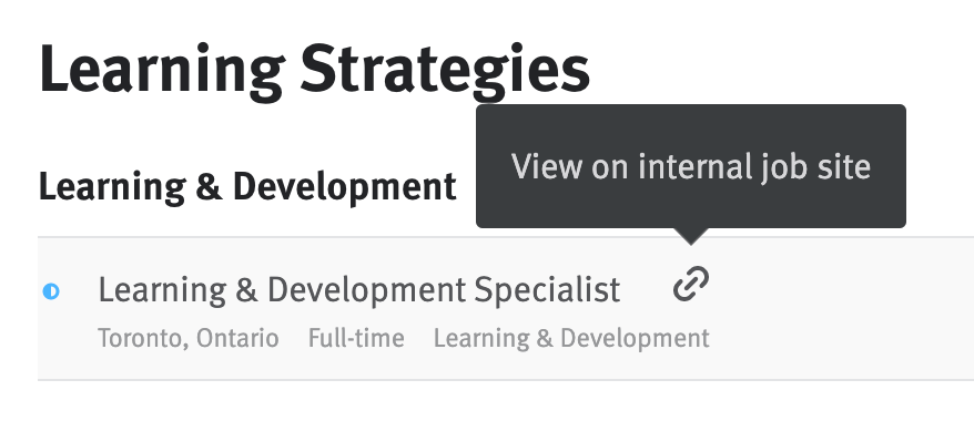 View on internal job site pop up extending from hyperlink icon next to posting title.