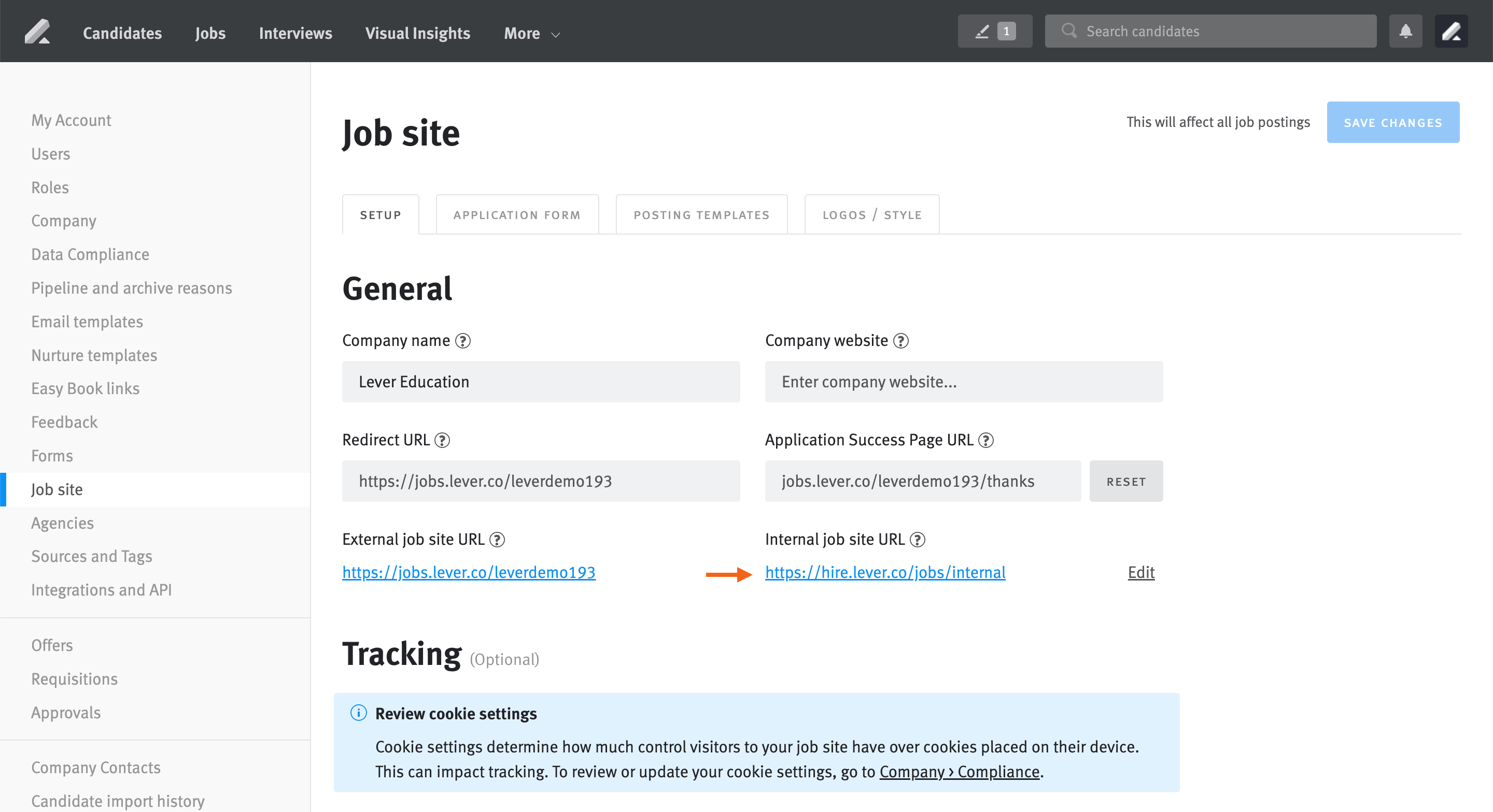 Job site settings page with arrow pointing to internal job site URL