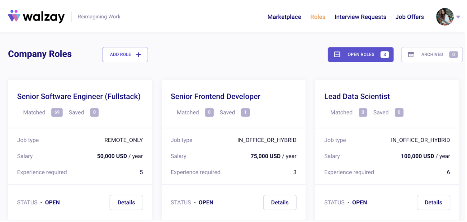 Roles page in Walzay
