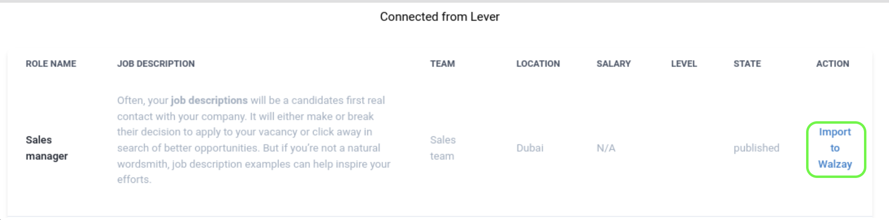 Import to Walzay outlined next to job listing in Walzay