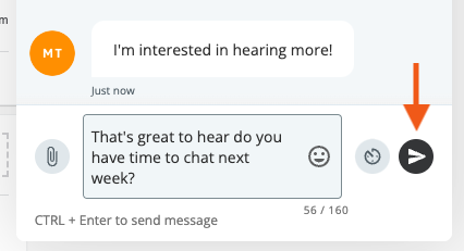 Text messaging widget with arrow pointing to black paper plane icon