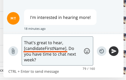 Text messaging widget with merge tag underlined