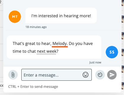Text messaging widget with updated merge tag underlined