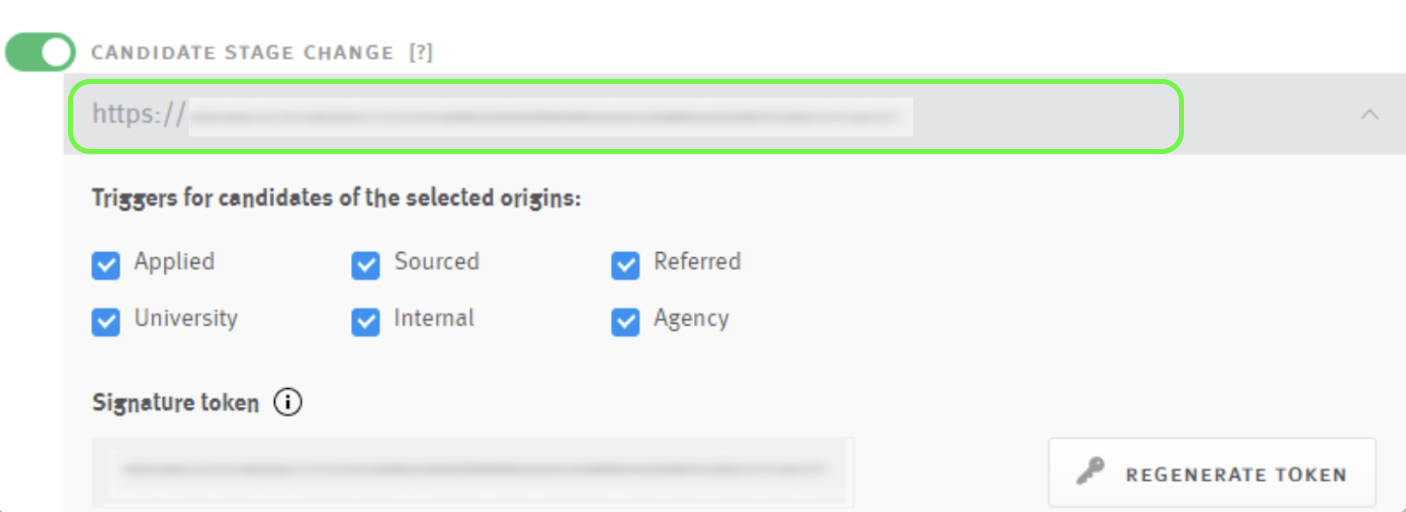 Candidate Stage Change webhook tile with url field outlined