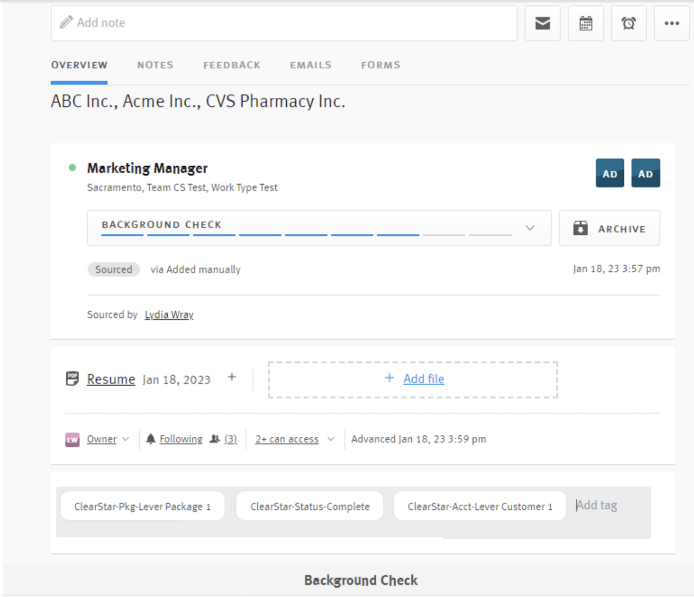 Candidate profile with ClearStar package and status tags