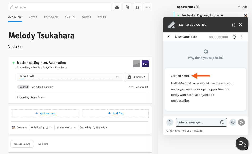 Lever candidate profile showing text message widget opened and arrow pointing to click to send link in draft consent message