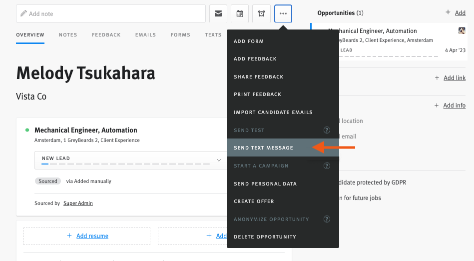 Lever candidate profile showing menu dropdown with send text message option highlighted.