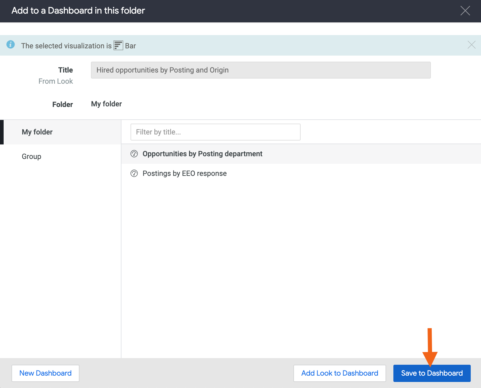 Add Look to dashboard modal, with arrow pointing to Save to Dashboard button