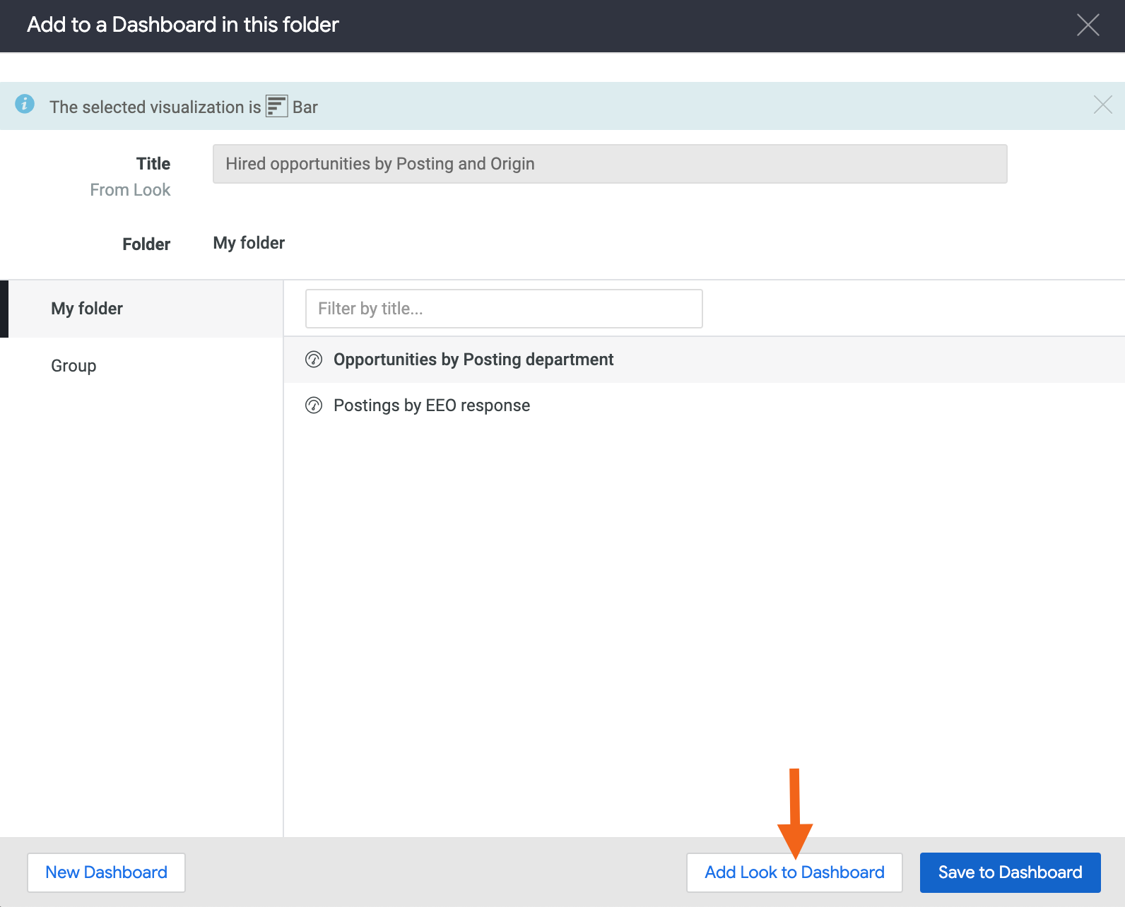 Add Look to dashboard modal, with arrow pointing to Add Look to Dashboard button