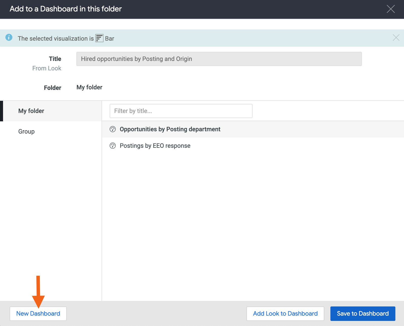 Add Look to dashboard modal, with arrow pointing to New Dashboard button