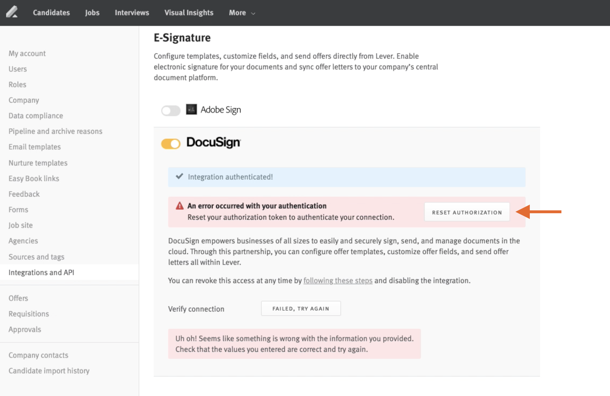 Lever_Settings showing docusign section with arrow pointing to reset authorization button