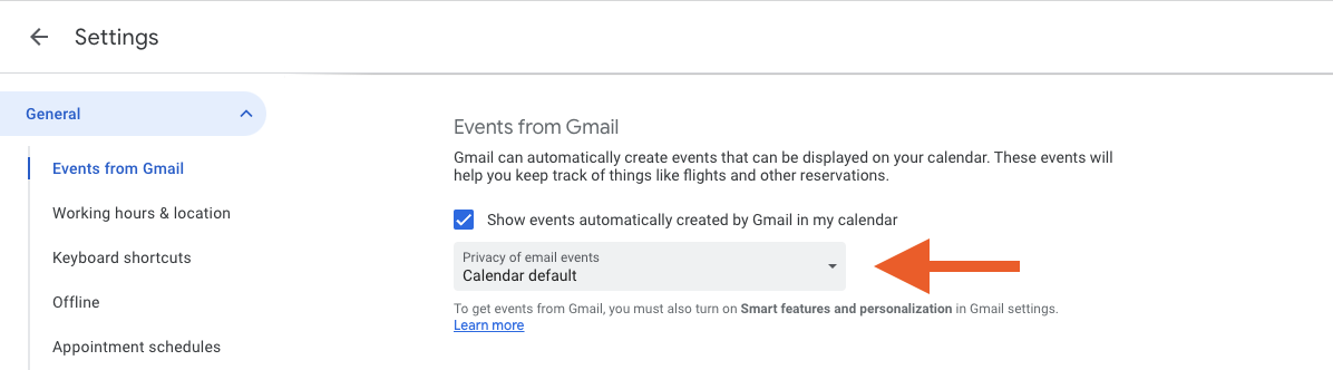 Google calendar settings with arrow pointing to Calendar defaul menu.