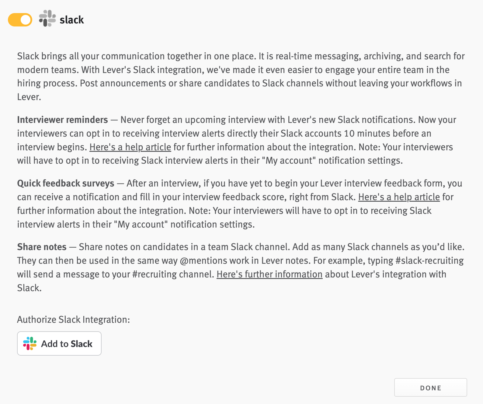 Slack integration tile in Lever prior to enabling the integration.