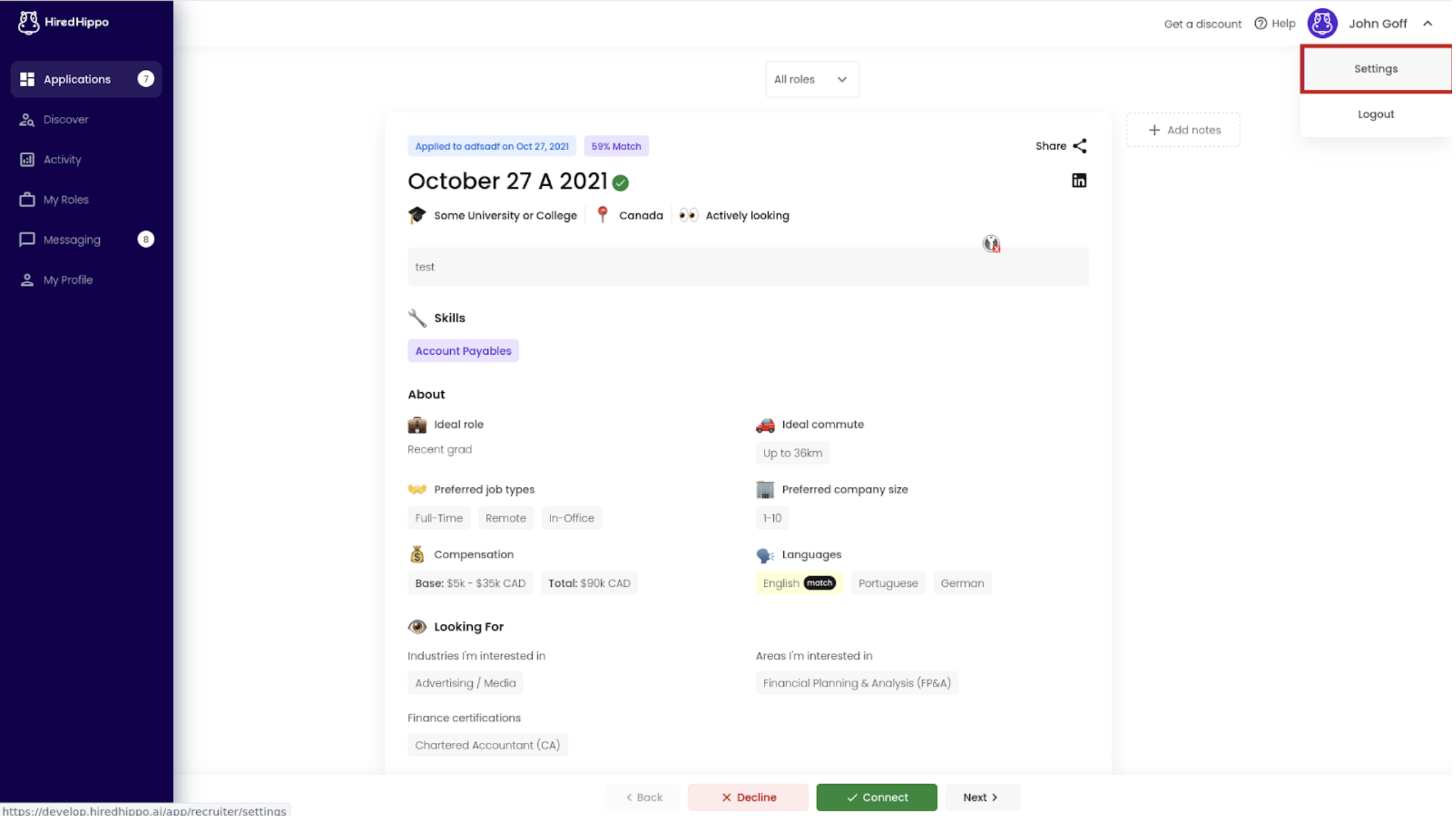 Menu attending from avatar in HiredHippo navigation bar; Settings option outlined