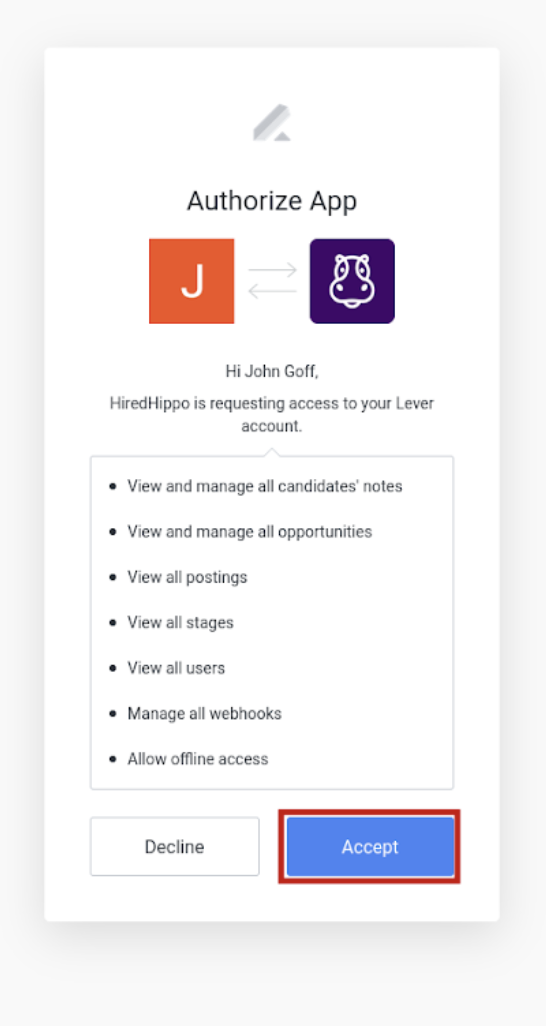 App authorization modal with listed permissions; Accept button outlined